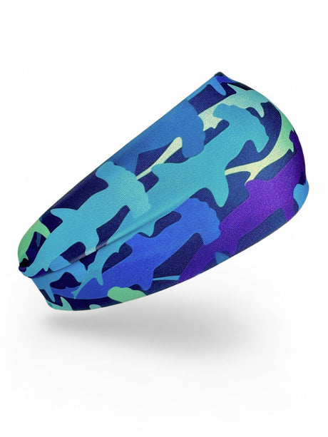 Colorful camouflage-patterned hammerhead headband on a white background