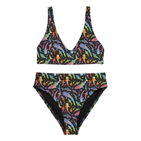 Ocean Motion Wear high-waisted bikini set featuring a colorful rainbow shark print on a black background.